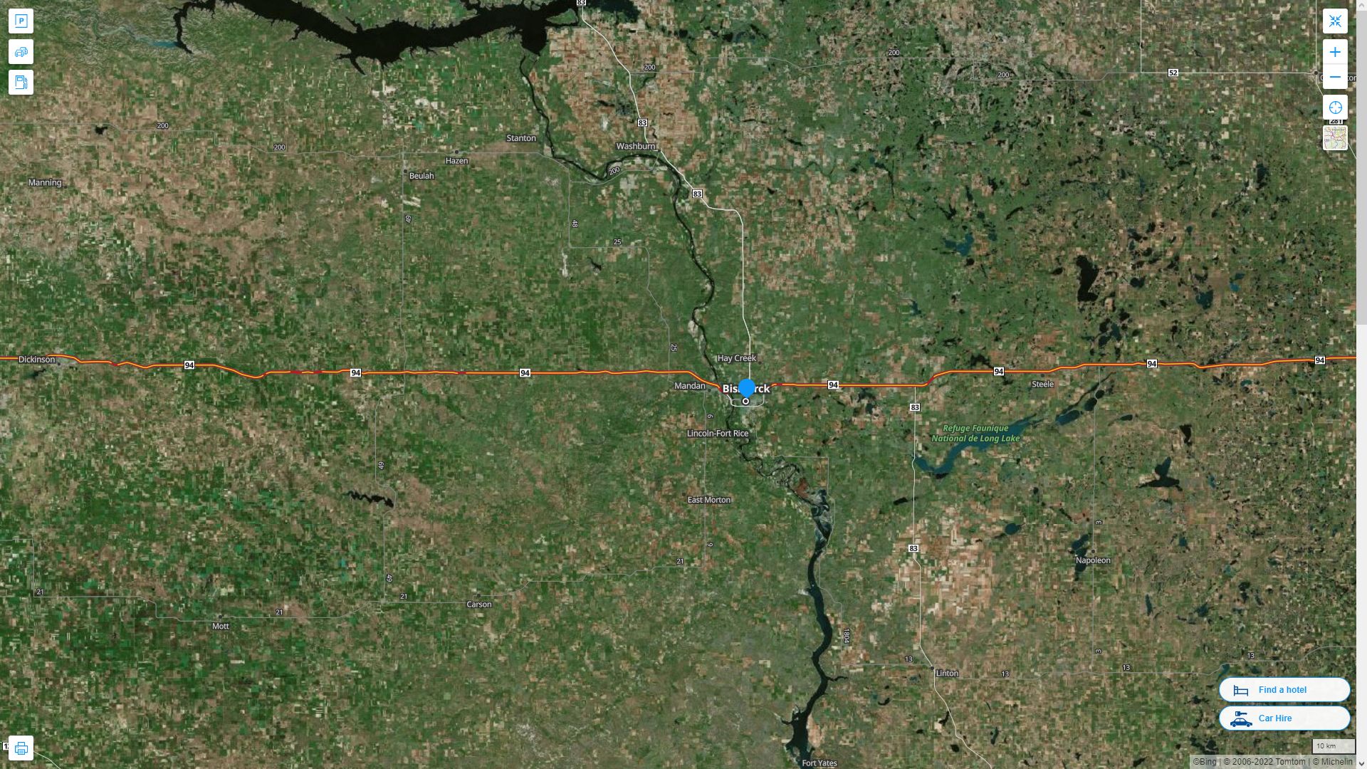 Bismarck North Dakota Highway and Road Map with Satellite View